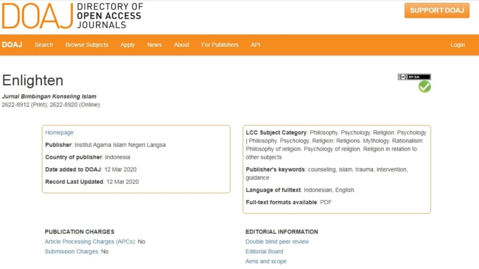 Enlighten Jurnal Prodi BKI IAIN Langsa Terindeks DOAJ