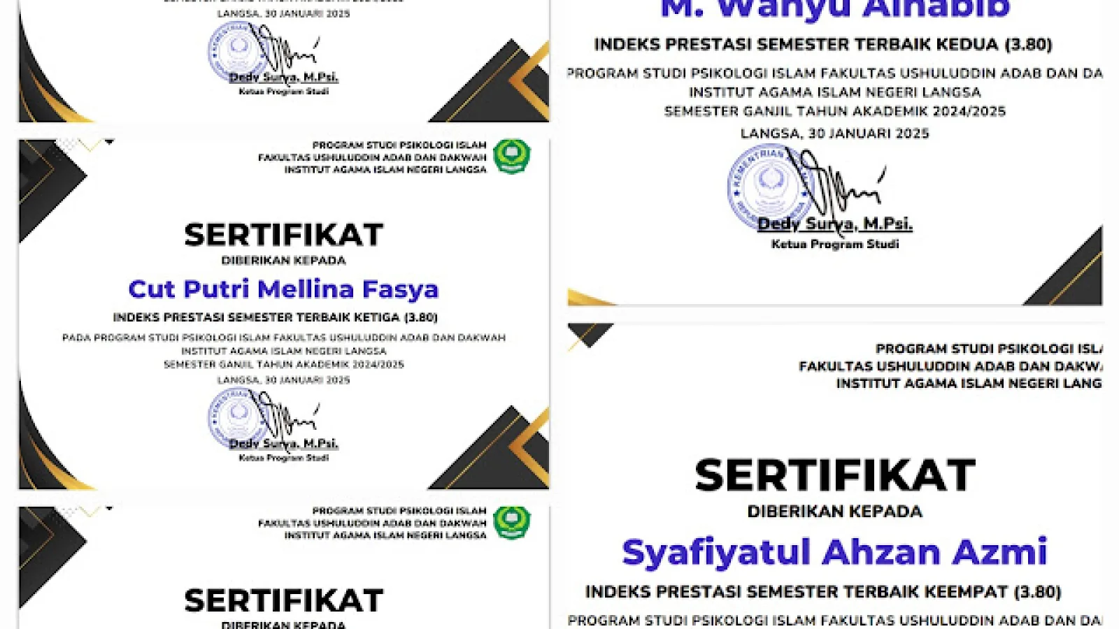 Prodi Psikologi Islam Berikan Penghargaan 5 Mahasiswa Peraih Indeks Prestasi Semester Tertinggi
