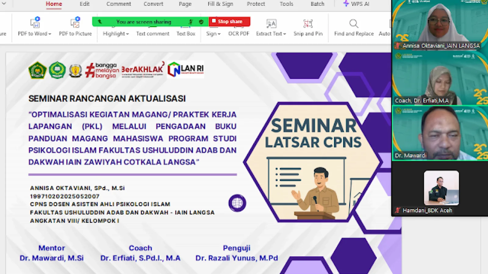 Presentasi Rancangan Aktualisasi Latsar 2025, CPNS Dosen Psikologi Islam Soroti Kebutuhan Buku Panduan Magang