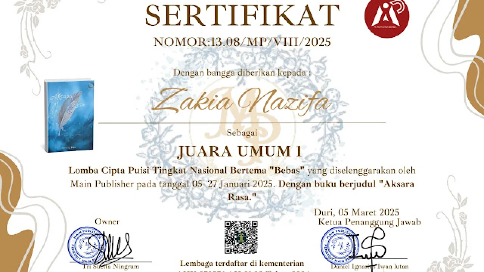 Zakia Nazifa Menangkan Lomba Cipta Puisi Tingkat Nasional